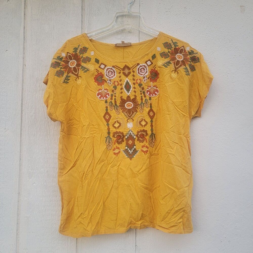 Solitaire embroidered boho short sleeve top wmns sz large yellow multi colored